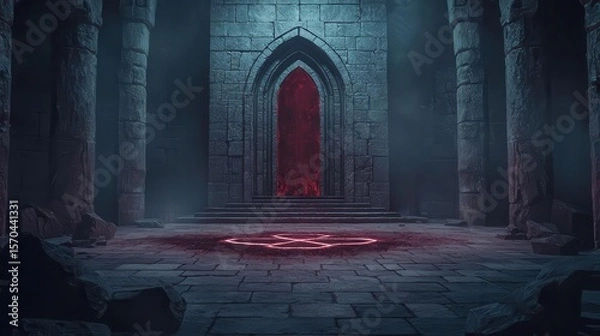 Obraz Sacrificial dungeon with bloodstained altars, demonic statues, and arcane symbols glowing with dark energy