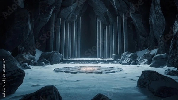 Obraz Snowcovered ancient temple dungeon, buried in ice, with magical runes glowing faintly beneath the surface