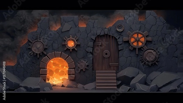 Obraz Steampowered fortress dungeon with bronze walls, intricate clockwork mechanisms, and glowing energy cores