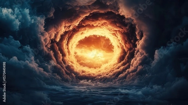 Obraz Time rift opening in the sky, futuristic and medieval landscapes colliding, chaotic energy swirling at the epicenter