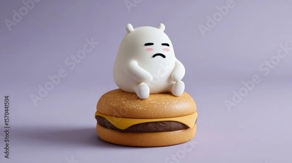Fototapeta Sad cartoon character rests on a delicious looking burger in a studio shot against a vibrant purple backdrop.