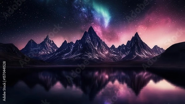Obraz Towering crystal mountains reflecting a vibrant aurora, otherworldly fantasy landscape, openworld exploration