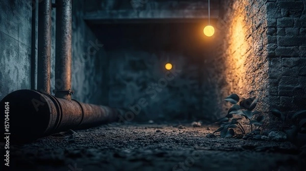 Obraz Underground factory dungeon with rusted pipes, flickering industrial lights, and mysterious shadowy figures