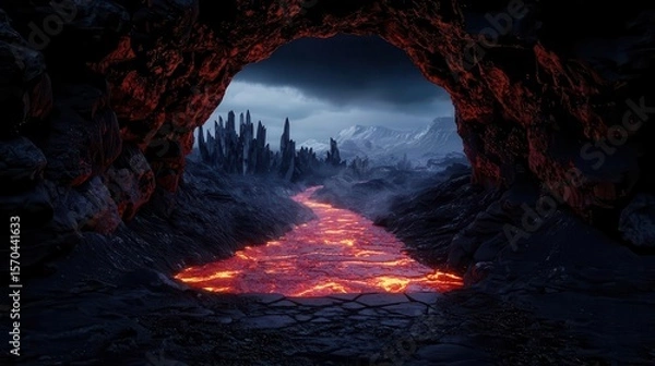Obraz Underground magma cavern with towering crystal formations, rivers of lava flowing between jagged rocks