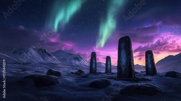 Obraz Vast tundra with ancient Viking ruins, massive stone circles, and northern lights illuminating the sky