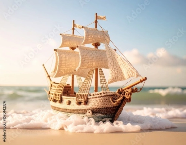 Obraz A detailed crocheted model of a sailing ship rests on a sandy beach with gentle ocean waves and a clear sky in the background.