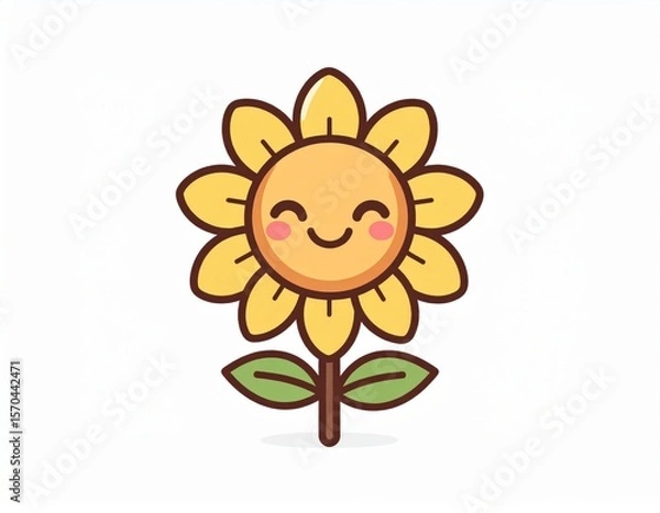 Obraz A cute, smiling cartoon sunflower with yellow petals and green leaves on a simple white background.