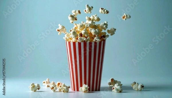 Obraz A striped container overflows with freshly popped popcorn, with scattered pieces on a smooth surface against a light blue background.