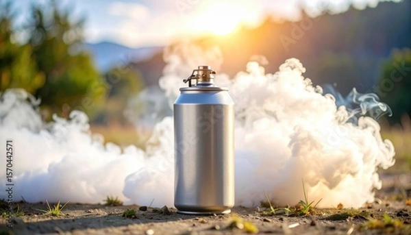 Obraz A silver aerosol spray can emits vapor clouds outdoors during sunset, with mountains and greenery blurred in the background.