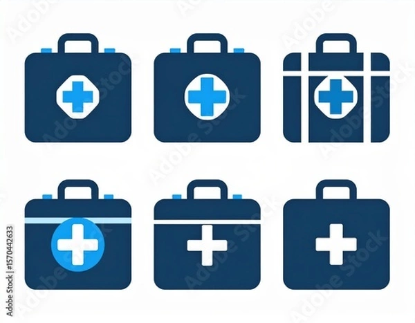Obraz Six blue and navy medical first aid kit icons with white crosses in various styles on a white background.
