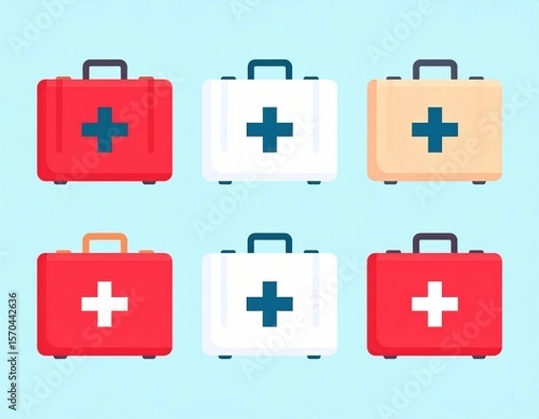 Obraz Six colorful first aid kits with medical cross symbols in red, white, and beige colors on a light blue background.