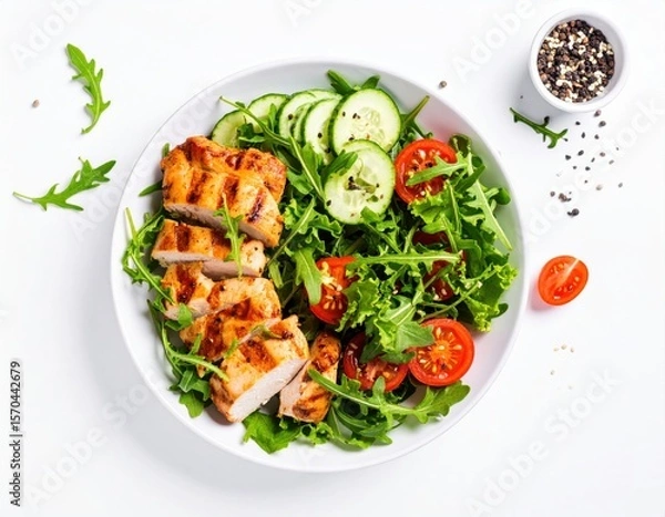 Obraz A fresh, healthy salad with grilled chicken, cucumbers, cherry tomatoes, and arugula is served on a white plate with peppercorns scattered around.