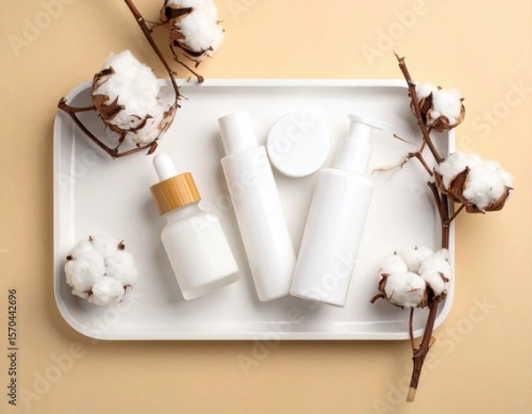 Obraz Minimalist skincare set with white bottles and containers on a tray, surrounded by cotton branches on a beige background.