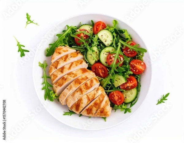 Obraz Grilled chicken breast served with fresh arugula, cucumber, and cherry tomato salad on a white plate.
