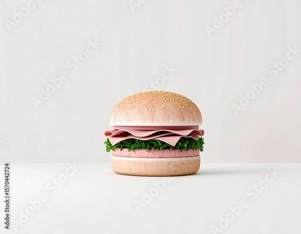 Obraz A neatly assembled hamburger with sesame bun, lettuce, sliced ham, and a pale pink patty, set against a plain white background.