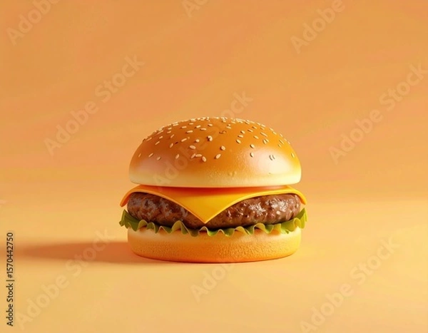 Obraz A cheeseburger with sesame seed bun, lettuce, tomato, and melted cheese, set against a plain orange background.