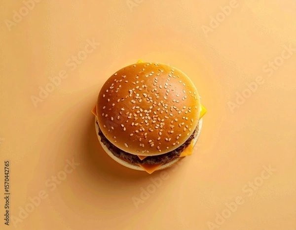 Obraz A sesame seed cheeseburger with layers of beef patty and cheese on a plain beige background.