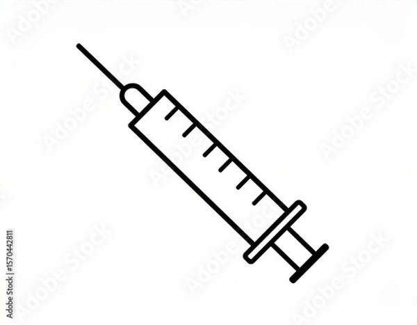 Obraz Simple black and white line drawing of a syringe with measurement markings, representing medical injection or vaccination.