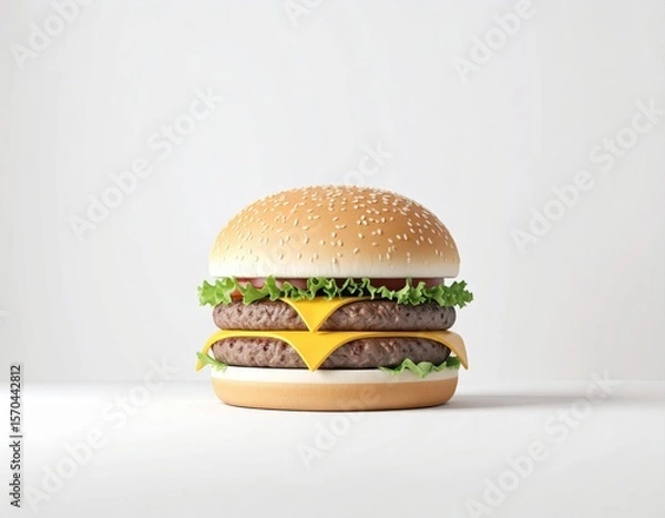 Obraz A classic double cheeseburger with sesame seed bun, fresh lettuce, two beef patties, and melted cheese on a plain white background.
