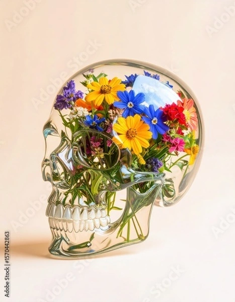 Obraz Transparent glass skull vase filled with colorful fresh flowers on a light background.
