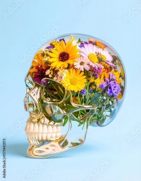 Obraz A transparent skull filled with vibrant yellow, purple, and pink flowers against a light blue background, blending themes of life and mortality.