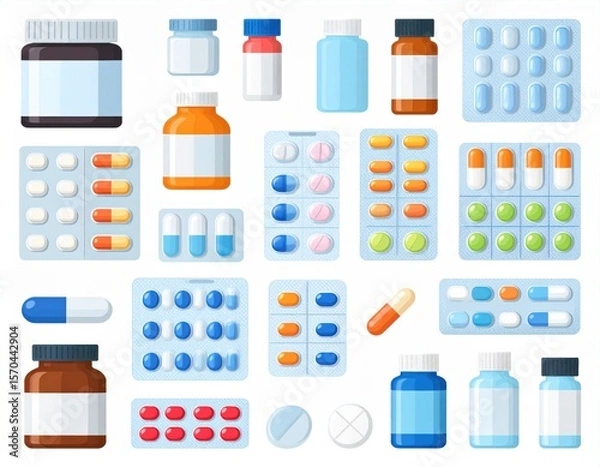 Obraz Various medicine bottles, pill containers, and blister packs with colorful capsules and tablets arranged in a grid pattern.