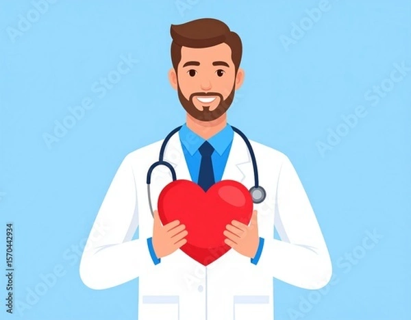 Obraz A smiling male doctor in a white coat holds a red heart symbol, representing care, health, and cardiology against a blue background.