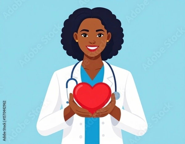 Obraz A smiling female doctor in a white coat holds a red heart symbol, representing healthcare and compassion.