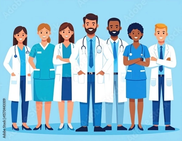 Obraz A diverse group of seven healthcare professionals, including doctors and nurses, standing confidently in medical attire with stethoscopes on a light blue background.