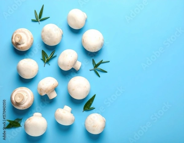 Obraz White button mushrooms scattered on a blue background with a few green leaves for decoration.
