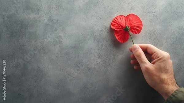 Obraz Closeup of hand placing flower at memorial, symbolizing Veterans Day respect