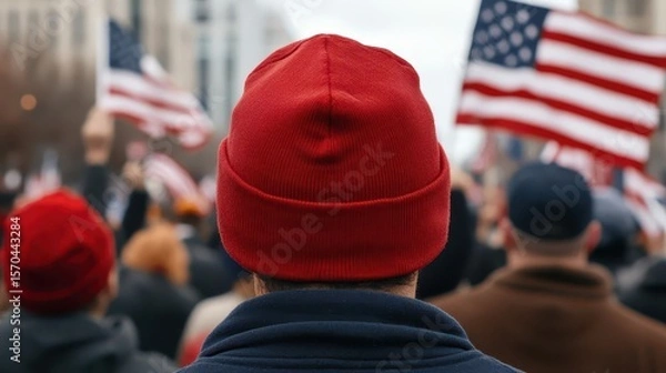 Obraz Crowd of spectators at a Veterans Day parade, waving flags in support