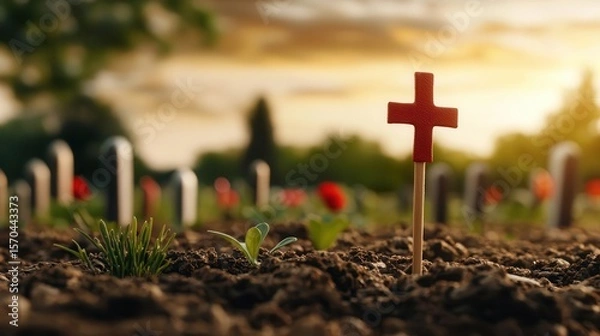 Obraz Field of small flags in a cemetery, symbolizing remembrance on Veterans Day