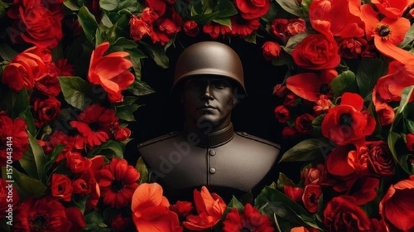 Obraz Flags and flowers surrounding a statue of a soldier, honoring military sacrifice