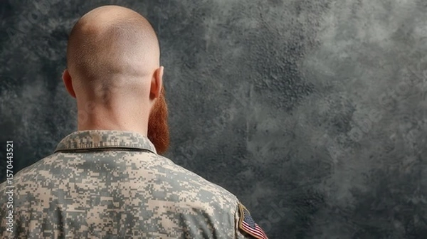Obraz Reflection of veteran in military uniform looking at memorial wall