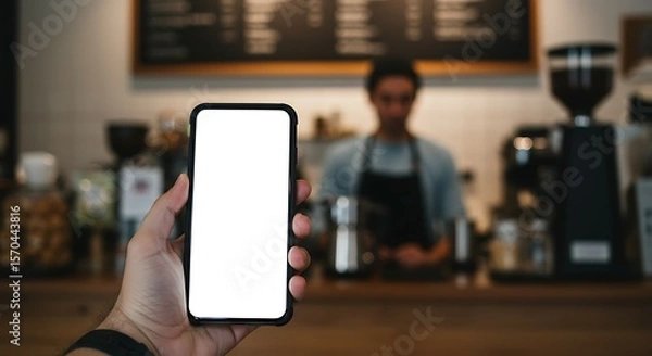 Obraz Modern Smartphone Mockup in Hand at Cafe with Blank Screen Display