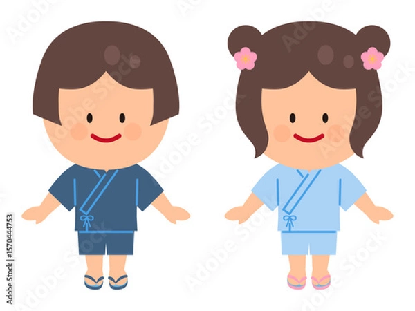 Fototapeta 甚平を着た人物イラストセット(茶髪)