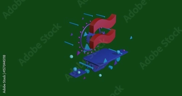 Fototapeta Red approximately equal symbol on a pedestal of abstract geometric shapes floating in the air. Abstract concept art with flying shapes in the center. 3d illustration on green background