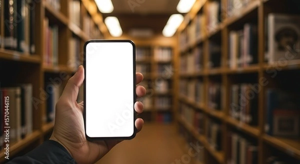 Obraz Modern Mobile Smartphone Mockup in Hand with Library Books Background