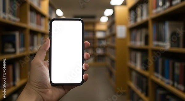 Obraz Modern Hand Holding Blank Screen Mobile in Library Setting