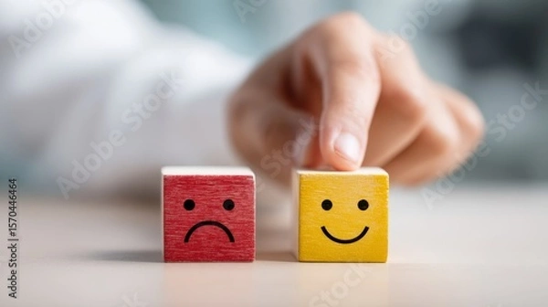 Fototapeta Hand chooses happy face block over sad face block representing positive attitude