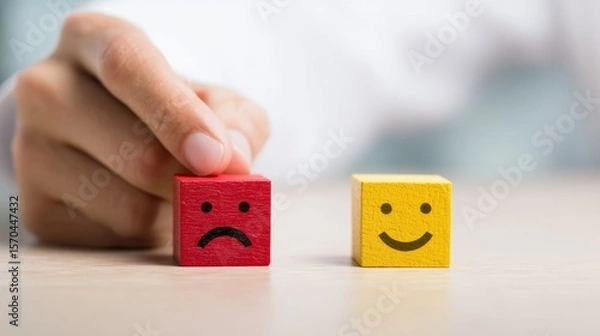 Fototapeta Hand picks a sad face block over a happy face, conveying negative emotion, choice, and decision making.