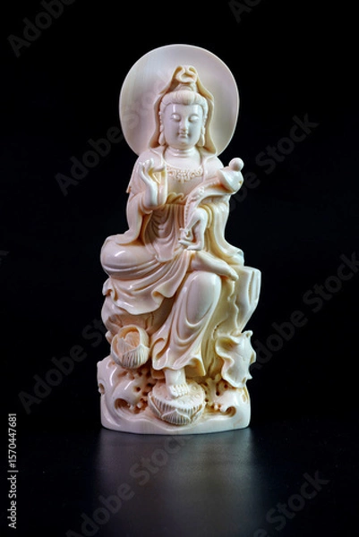 Fototapeta Antique, Avalokiteshvara Bodhisattva (Guanyin) Mammoth ivory fossil carving isolated on black background