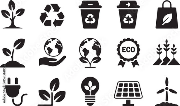 Fototapeta Ecology And Sustainability Line Icons.Transparent PNG available
Eco and sustainability icon set. Vector glyph pictograms of recycle, tree, solar panel, wind turbine, environment, renewable energy, and