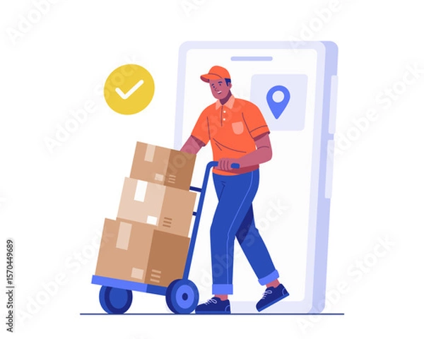 Fototapeta Illustration of a delivery man pushing a trolley full of boxes, stepping out from a giant smartphone interface. Concept of parcel delivery and smart logistics service