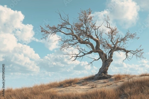 Fototapeta old dying tree on the hill by generative ai