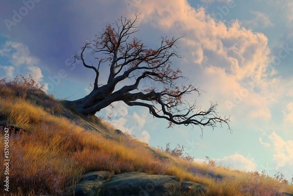 Obraz old dying tree on the hill by generative ai