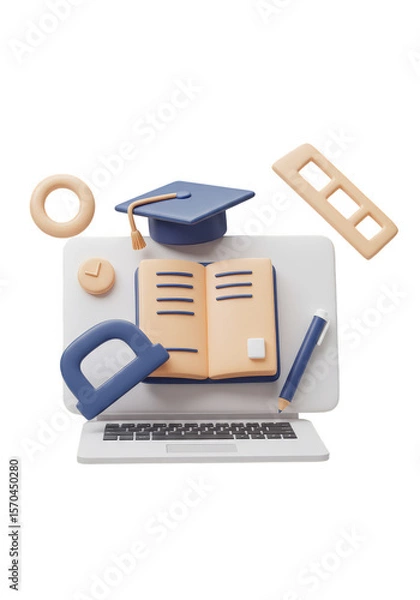 Obraz 3D Educational Laptop with Graduation Cap and Book for Online Learning