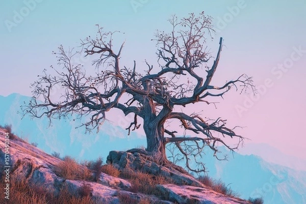 Fototapeta old dying tree on the hill by generative ai