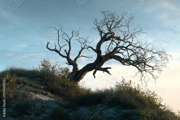 Fototapeta old dying tree on the hill by generative ai
